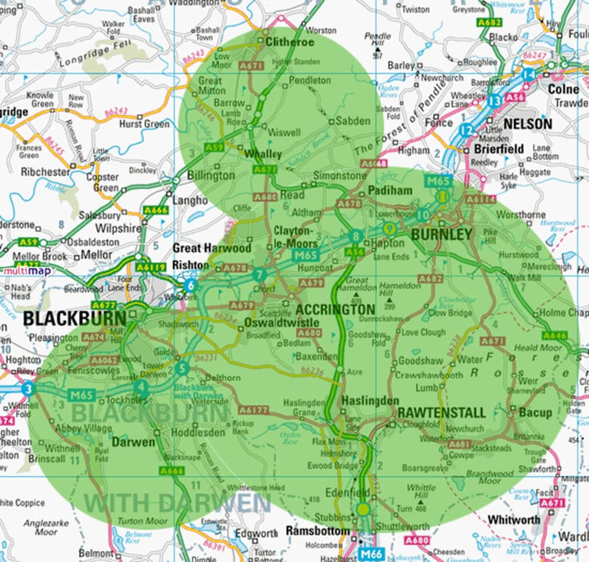 Map of the Harding's Valley Skips coverage area – Rossendale, Hyndburn, Blackburn, Burnley and the Ribble Valley